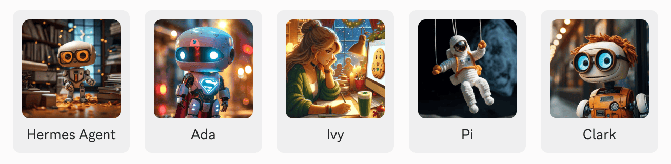 The five Hermes profiles: Hermes Agent, Ada, Ivy, Pi and Clark, each with an illustrated portrait